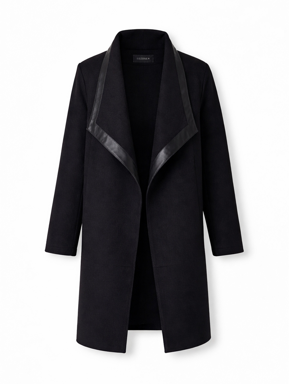 Eileen Fisher Black Wool Coat Leather Trim Minimalist Open Front Jacket M